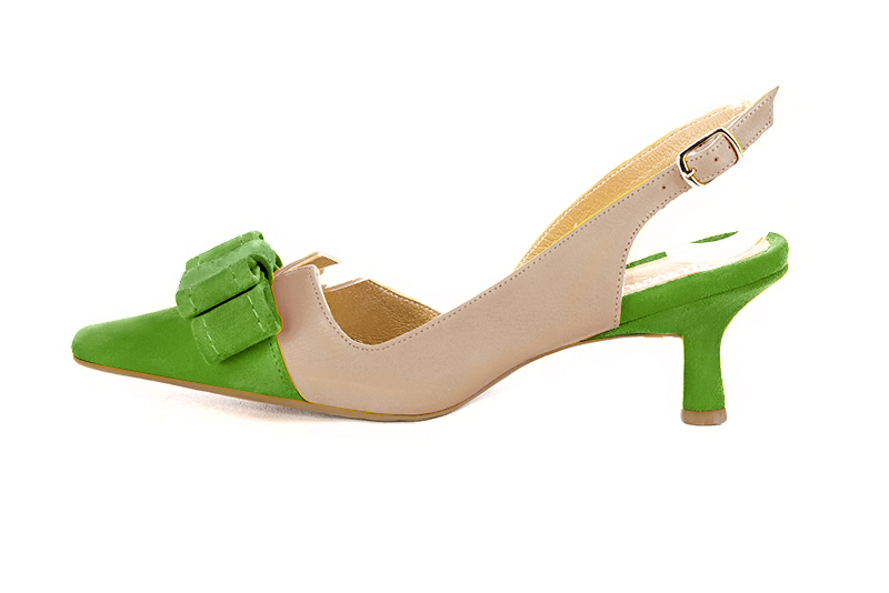 Grass green and tan beige women's open back shoes, with a knot. Tapered toe. Medium spool heels. Profile view - Florence KOOIJMAN